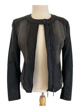Oxygen jacket denim &vegan leather mix black zipper front pockets stretchy Small